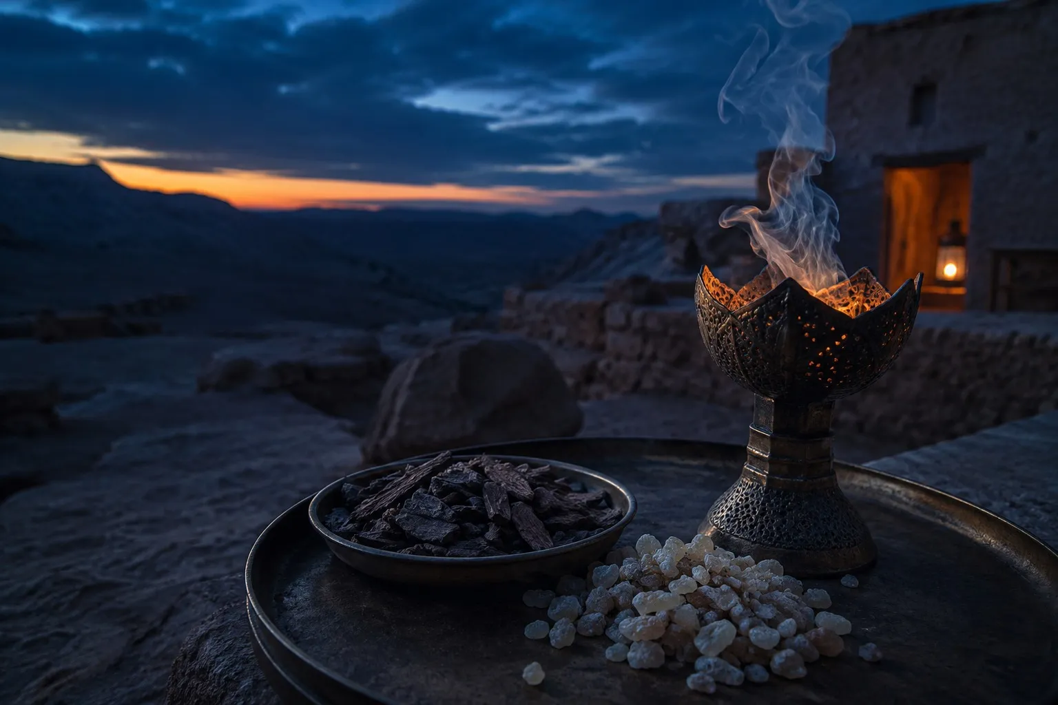 Pierced metal incense burner trailing smoke on a brass tray beside a dish of dark oud chips and pale frankincense resin, desert hills at dusk behind