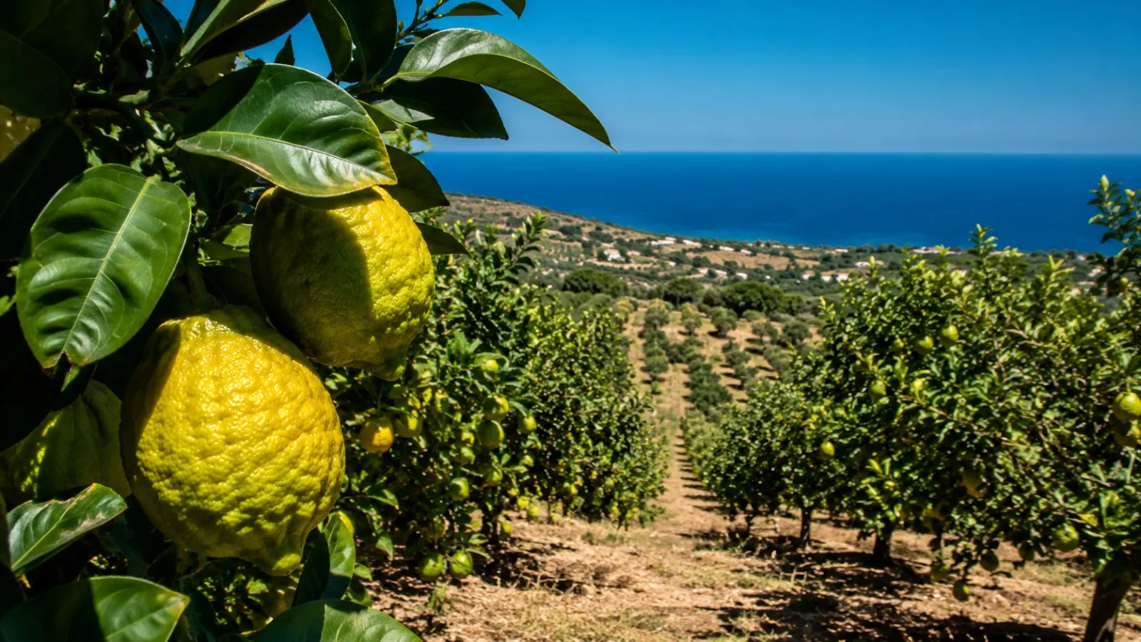 Knobbly yellow-green bergamot fruit hanging from a leafy branch in a sunlit citrus grove that slopes down to a deep blue sea