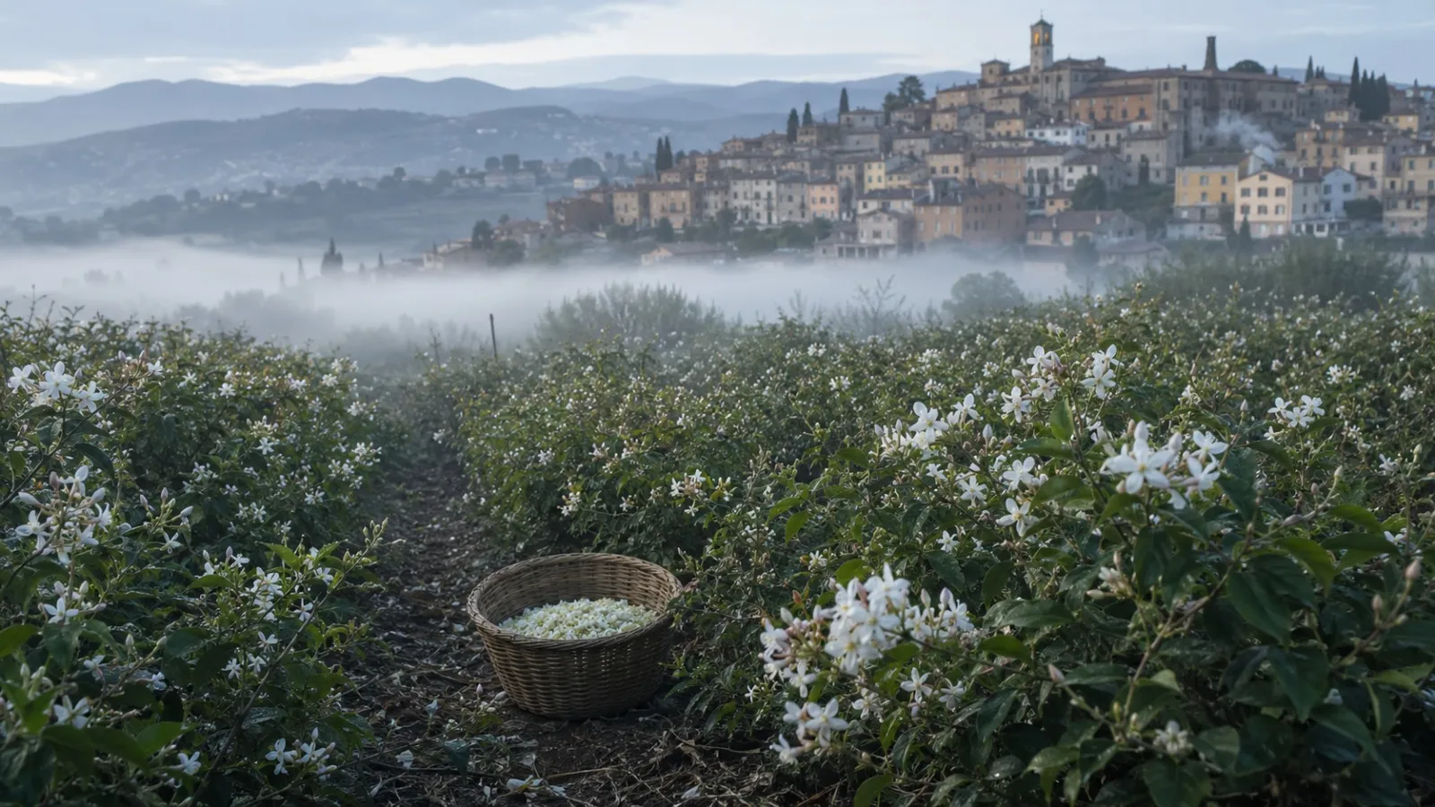 Rows of flowering jasmine at dawn with a wicker basket of picked white blossoms on the path, morning mist drifting below a hillside Provençal town