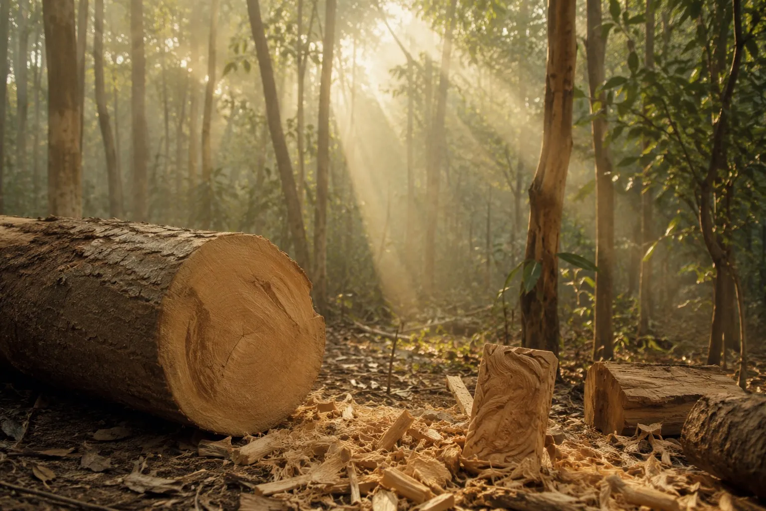 Freshly cut sandalwood log and carved pieces among pale shavings on a forest floor, sunbeams filtering through slender trees in morning haze