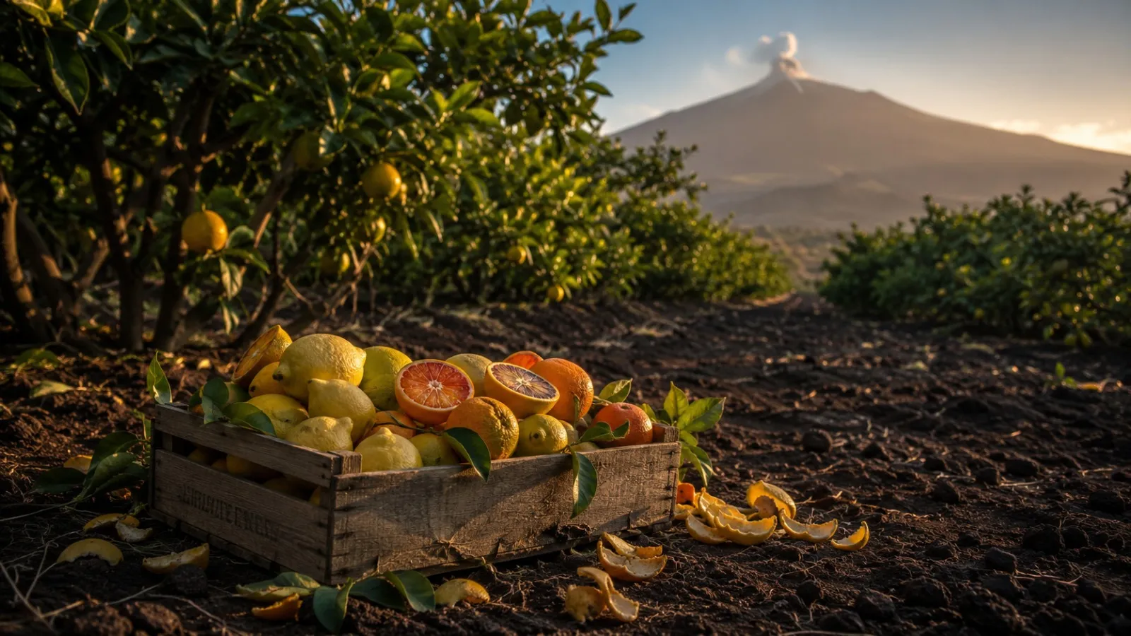 Weathered wooden crate of lemons and halved blood oranges on dark volcanic soil in a citrus grove, a smoking volcano on the horizon in evening light