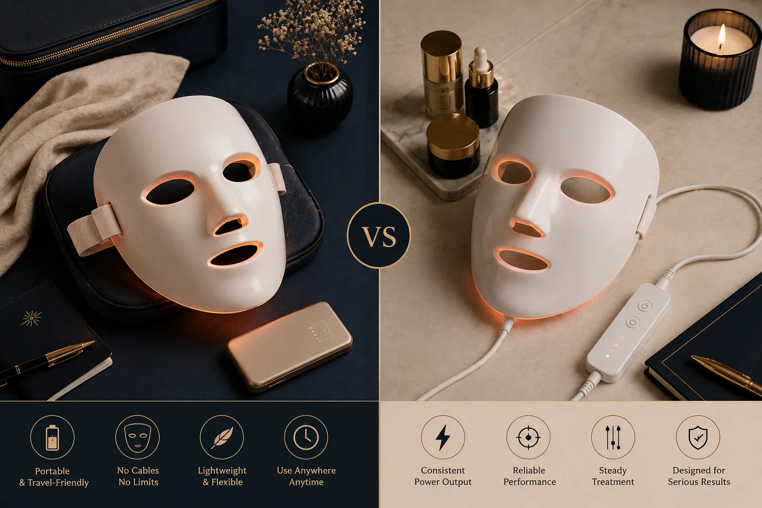 Side-by-side comparison scene: a cordless LED face mask resting on a travel bag beside a portable charger, and a corded LED face mask plugged into an inline controller at a vanity