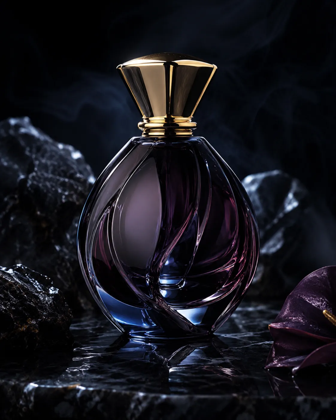 Faceted perfume bottle catching warm light against a shadowed backdrop