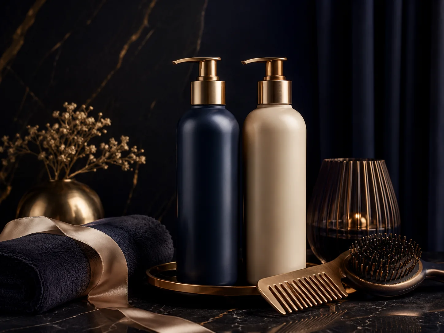 Luxury hair care bottles with brush and comb