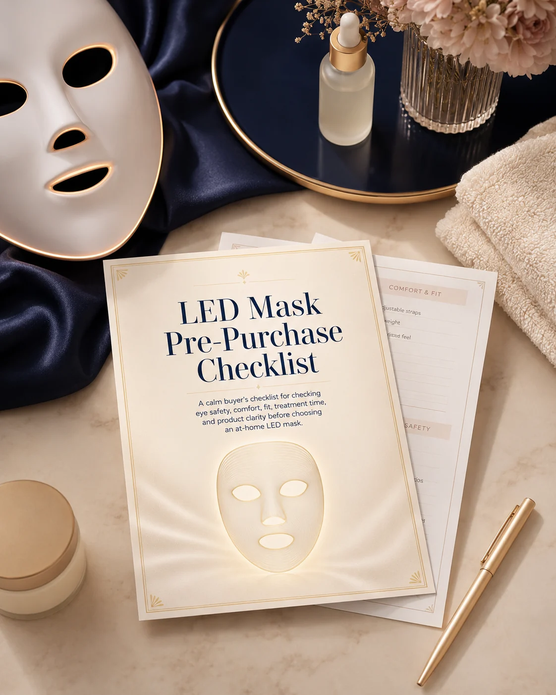 Printed LED Mask Pre-Purchase Checklist pages styled with an LED face mask, dropper serum, and dried flowers