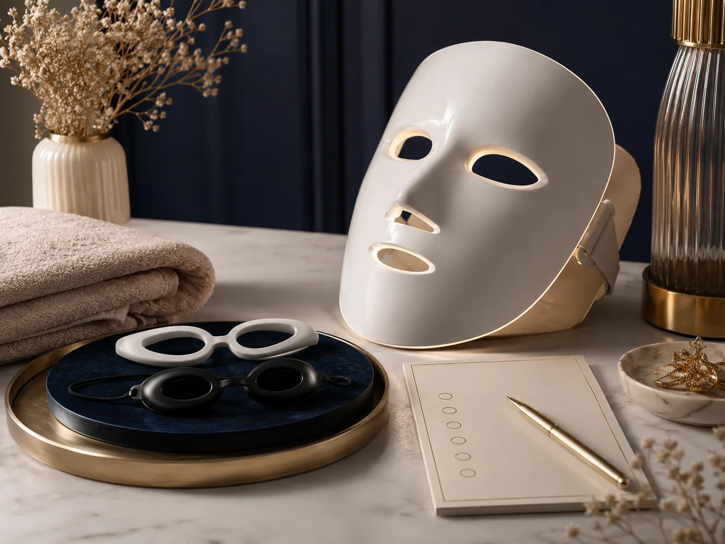 Editorial desk scene with a white LED face mask beside a pair of white and a pair of black protective eye goggles on a velvet tray, a blank checklist notepad, and dried flowers