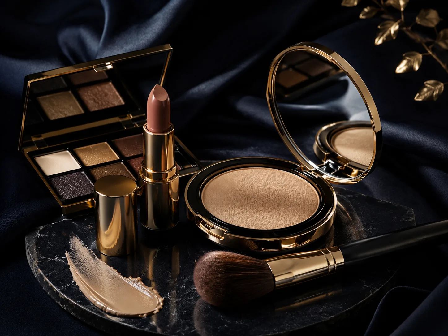Luxury makeup still life with compact, lipstick, and brush