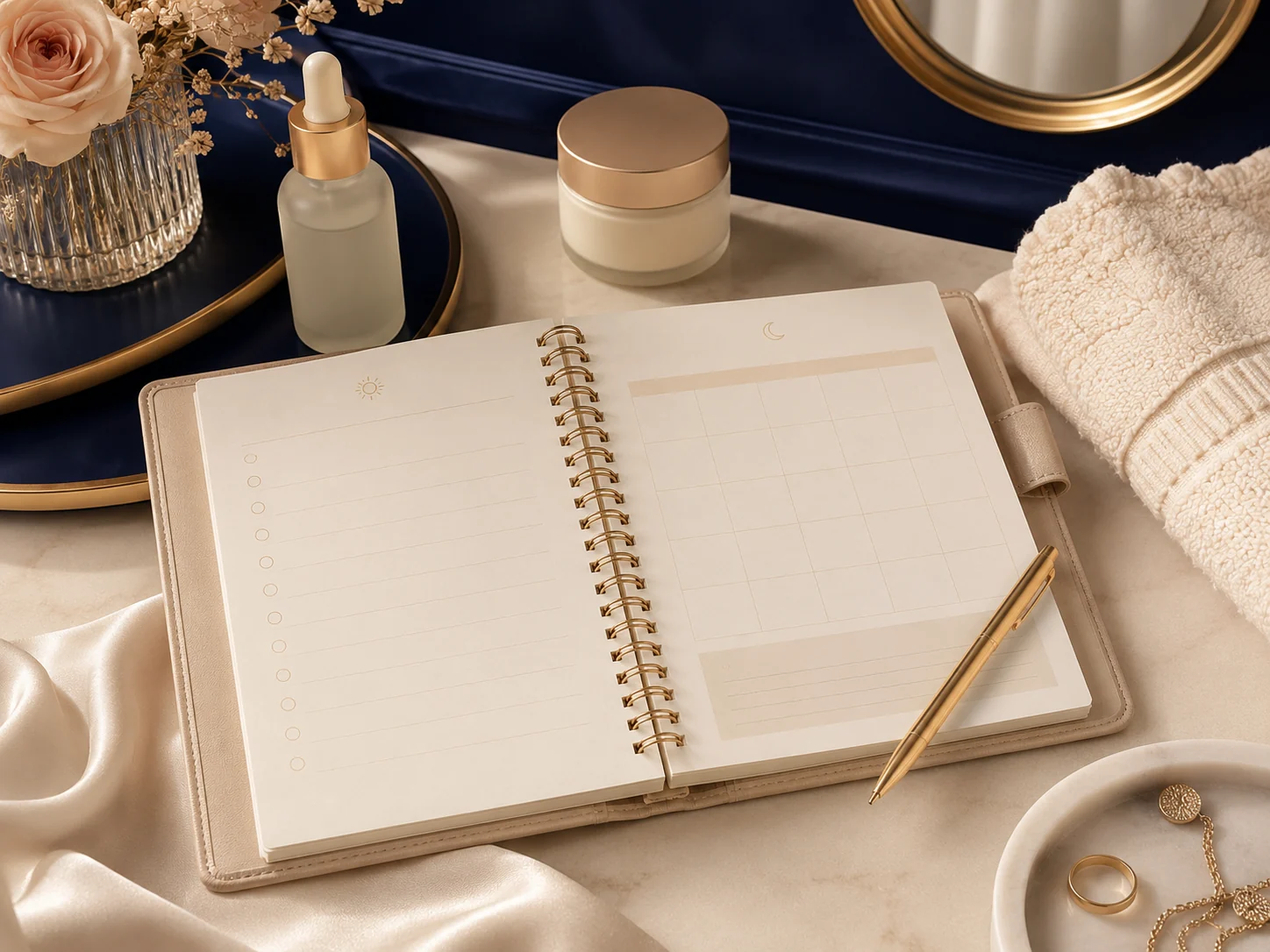 Open LuxeDaily planner spread showing gold-spiral AM and PM routine pages beside a dropper serum and cream jar