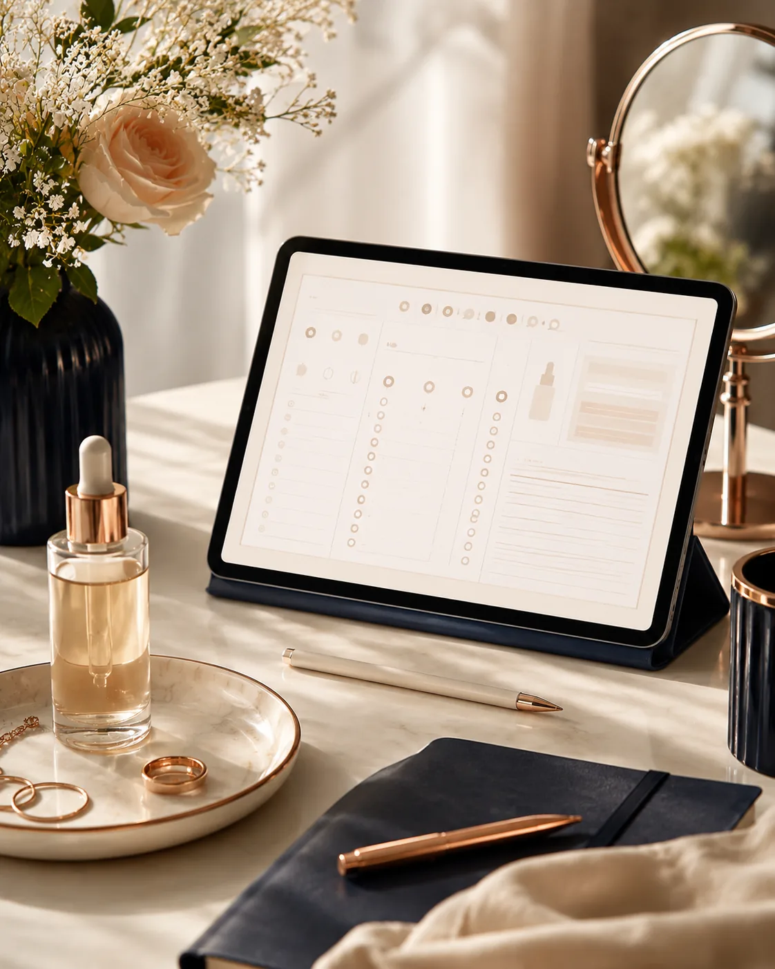 Editorial skincare planner scene with an open notebook and routine planning sheet