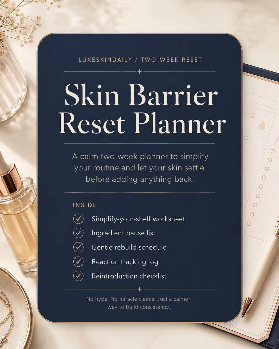Skin Barrier Reset Planner on a calm marble beauty desk