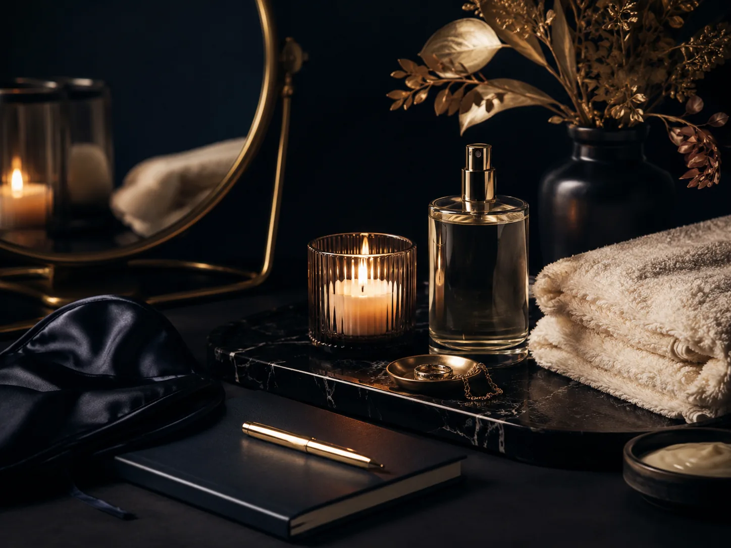 Luxury self-care vanity with candle, towel, and journal